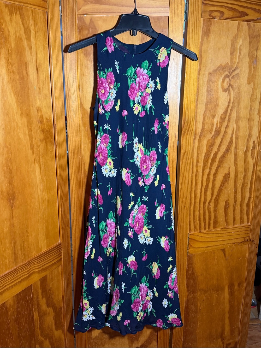 Y2K-Era Ralph Lauren Silk, Navy Midi Dress with Pink Floral Print|Sz 8P